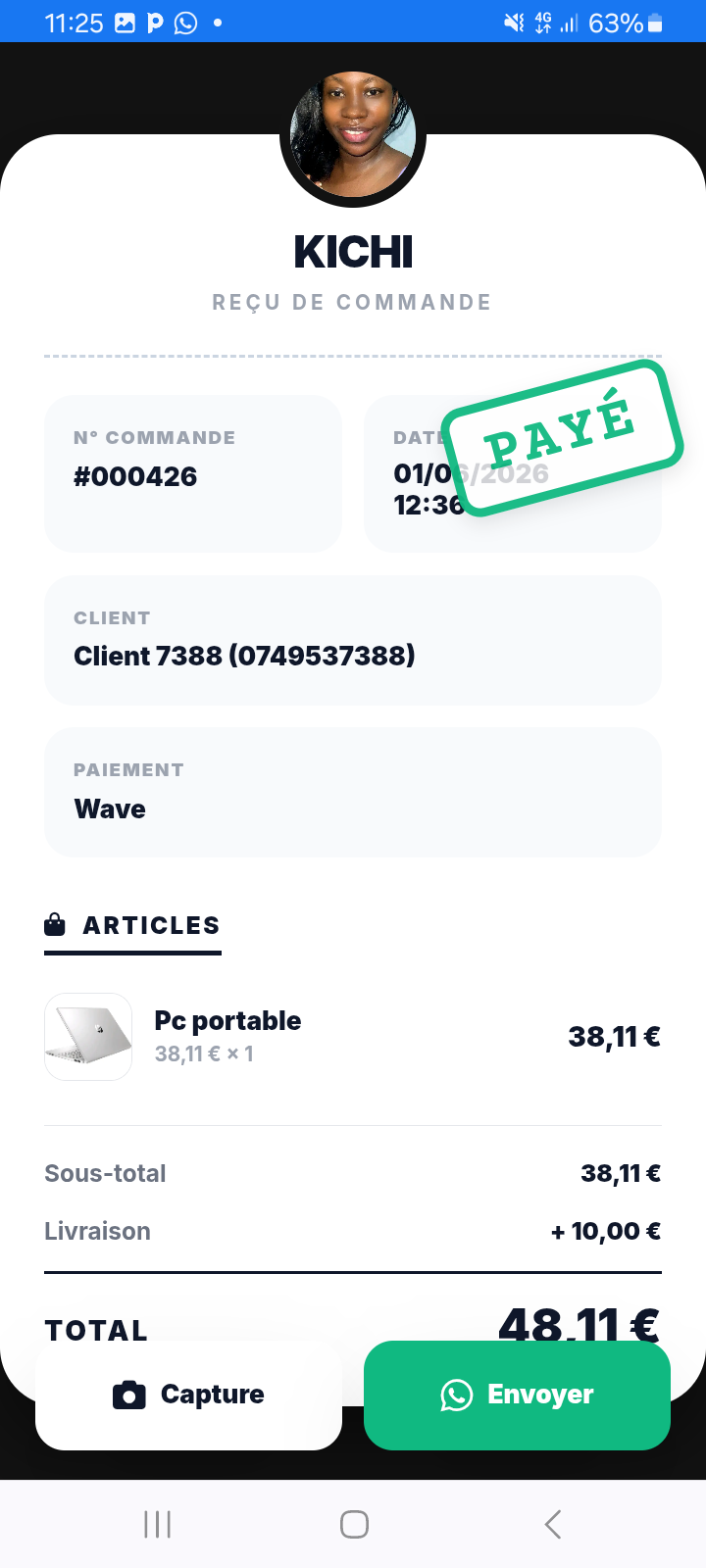 Reçu de commande payé Mabio